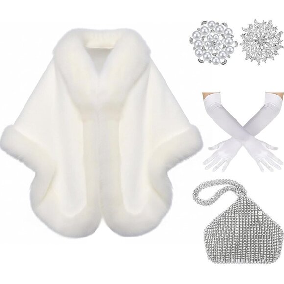Faux Fur Shawl Set Wedding Scarf Gloves Brooches 1920s Retro Vintage main image 6